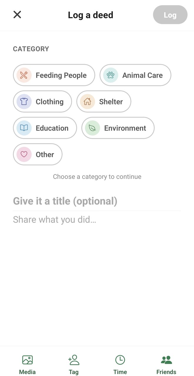 Logging a good deed in the ActuBene app, choosing a category such as Feeding People or Environment