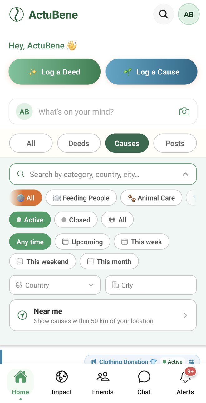 Browsing causes in the ActuBene app, filtered by category, date and location